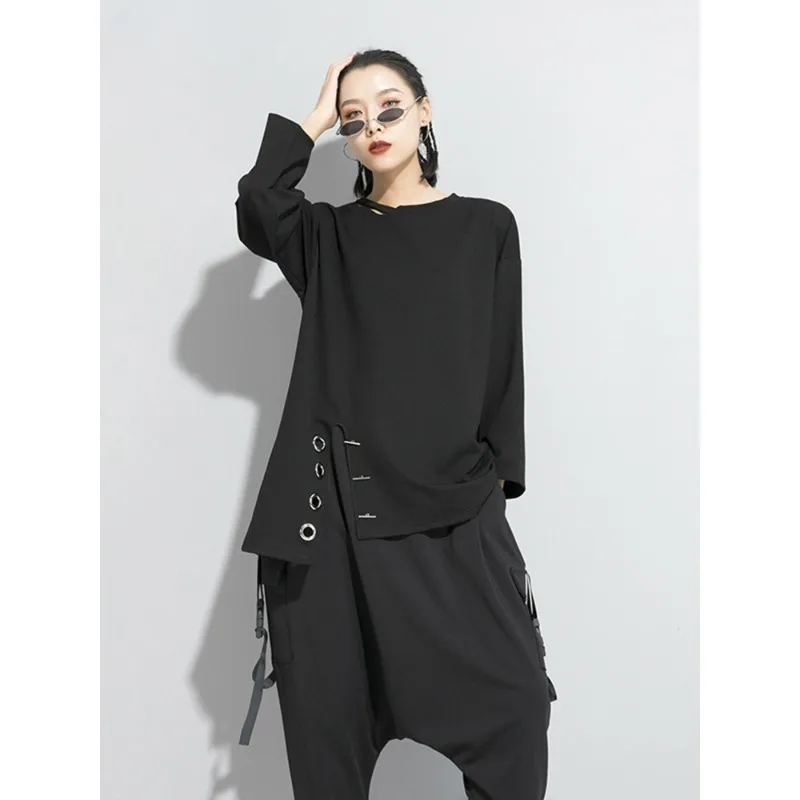 

Women Black Asymmetrical Stitch Big Size T-shirt New Round Neck Long Sleeve Fashion Tide Spring Autumn 2024