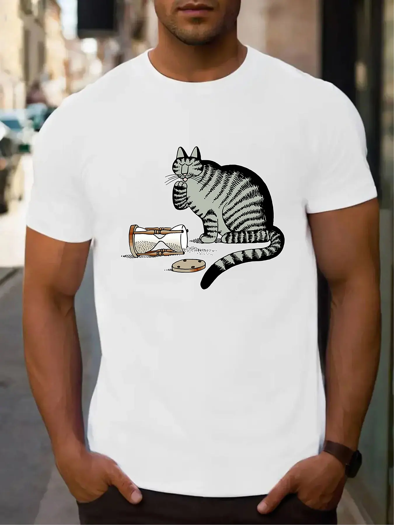 Men's Cotton T-Shirt Playful Tabby Cat & Spilled Hourglass Graphic Print Casual Short Sleeve Tee