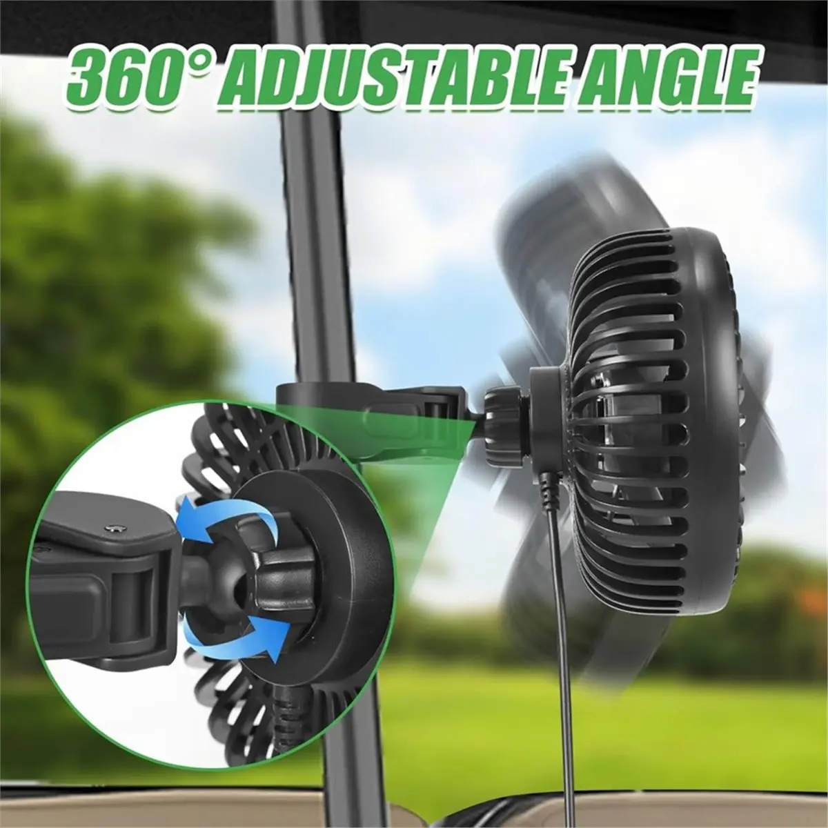 【CYBER MONDAY】2 Pack Golf Cart Fan, Fan for Golf Cart - Portable USB Input, Clip Base Fit Square/Round Pole 2.5m Extended Cord
