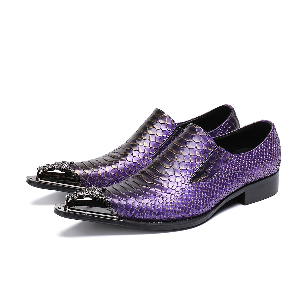 

Fashion Purple Snake Grain Genuine Leather Men Party Dress Shoes Metal Pointed Toe Business Office Party Oxford Shoes Plus Size