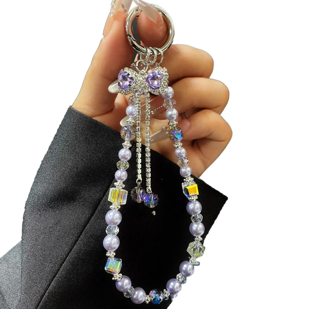 

Pearl Rhinestone Phone Lanyard Bow Pendant Cellphone Chain Rhinestone Phone Straps Short Anti-lost Rhinestone Phone Rope