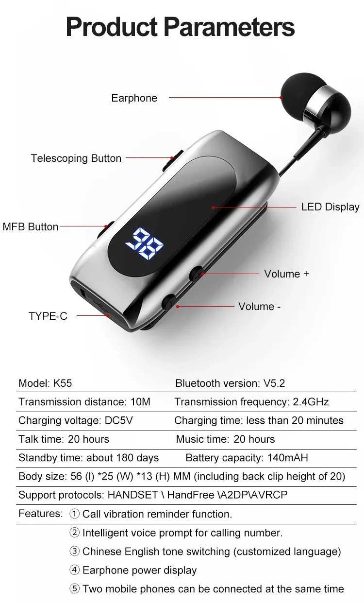 K55 Lavalier Business Bluetooth наушники со светодиодным цифровым дисплеем, беспроводные задания в гарнитуре с громкой связью лотоса со съемным проводом