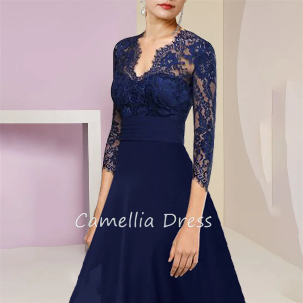 New V Neck Mother Of The Bride Dress A Line Quarter Sleeves Appliques Chiffon Formal Dresses Vestidos Mae Da Noiva Casamentos