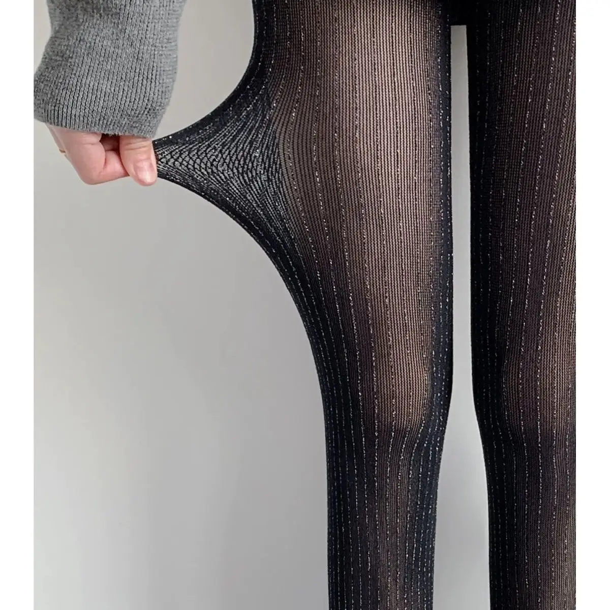 

Women's Black Silver Thread Open-Toe Vertical Striped Tights Y2K Hot Girl Sexy Pearlescent Spring Autumn Slimming Base Layer