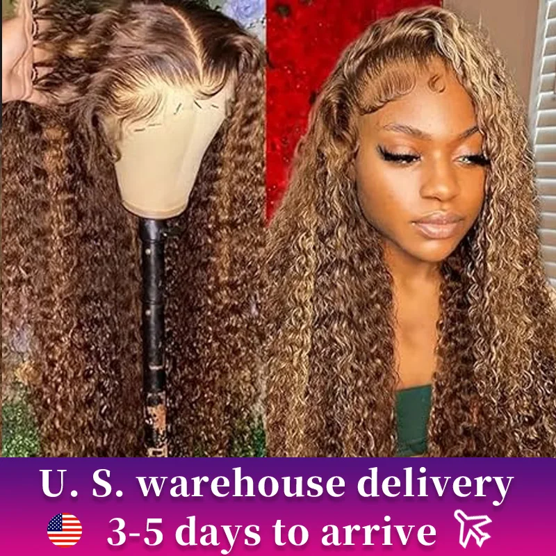 28 Inch Highlight Ombre 13x6 Lace Front Wigs Human Hair 180% Density 4/27 Brown Deep Wave Curly Wigs Pre Plucked With Baby Hair