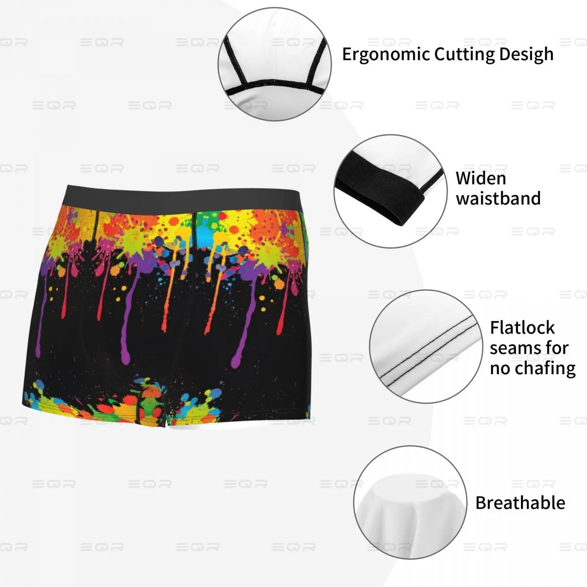 Mancha de tinta dos homens Rainbow Paint Splatter Print Boxer Briefs, óleo colorido, tinta salpicada, roupa interior altamente respirável, transporte da gota