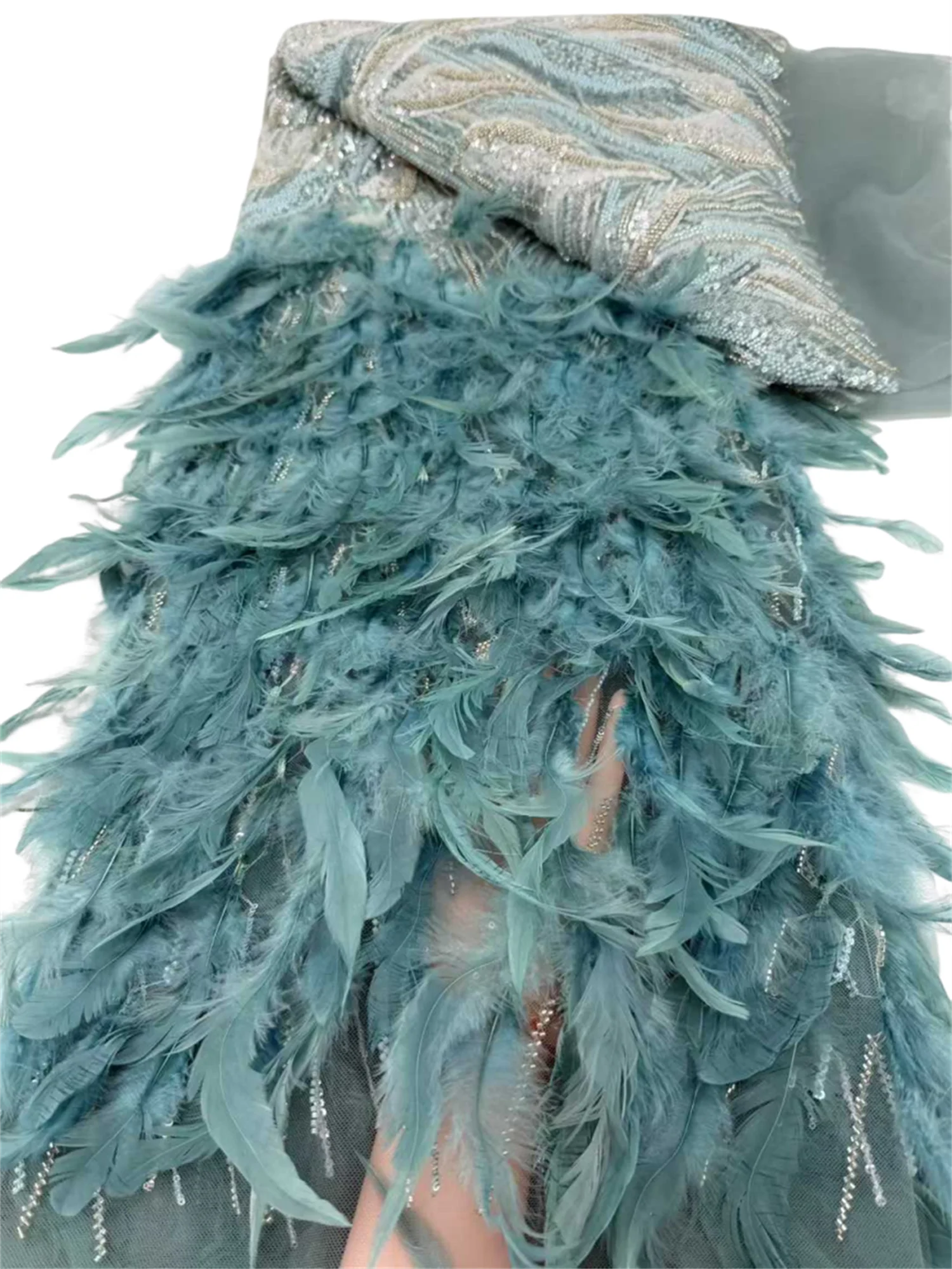 

5 Yards Luxurious 3D Feather Women African Bead Sequins Lace Fabric High Quality French Embroidery Beads Lace Nigerian Sewing 12