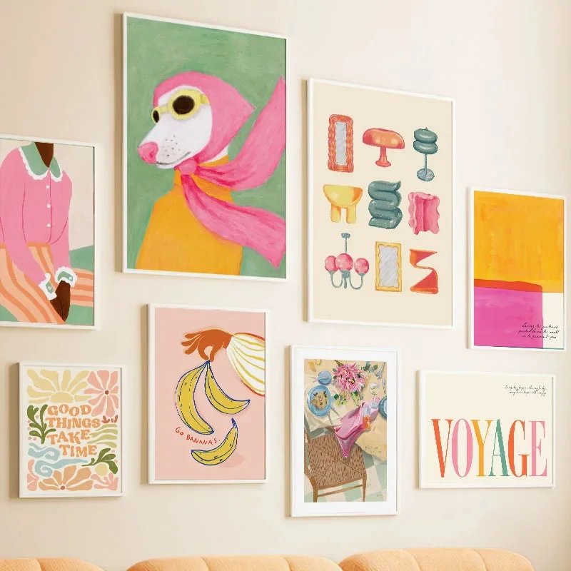 Mode Mädchen Hund Vase Blume Banane Abstrakte Poster und Drucke Wand Kunst Leinwand Malerei Bild Hotel Bar für Wohnzimmer Dekor