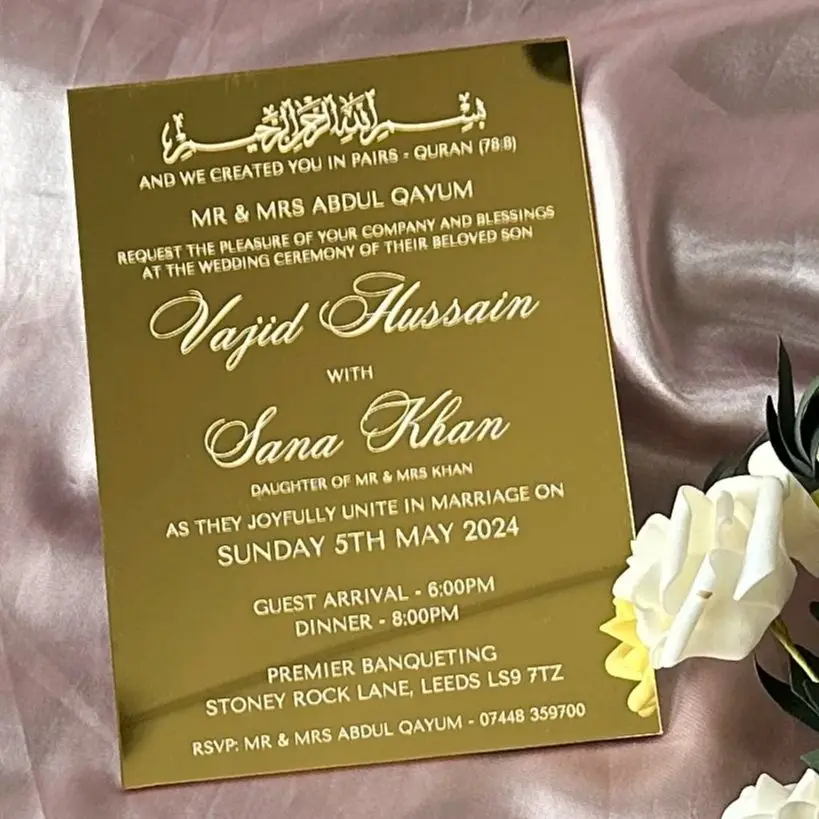 Custom Mirror Wedding Invitation,Foiled Gold Name Boxes,30pcs Plexiglass Clear Invite