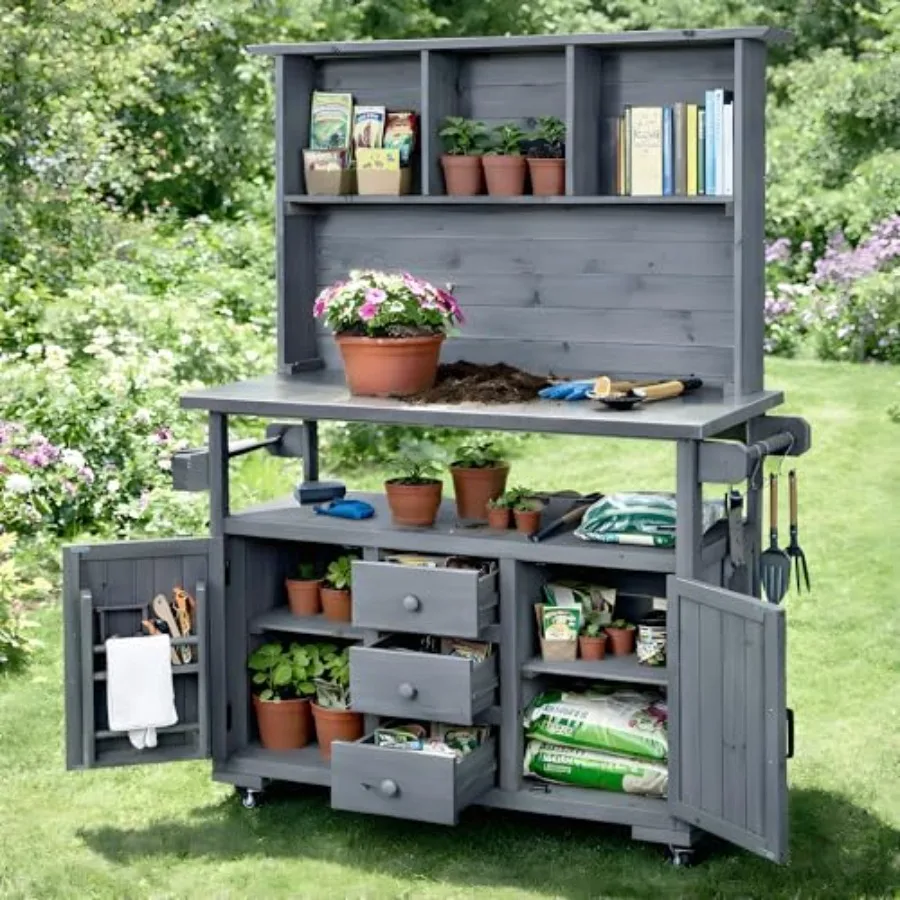 Outdoor Potting Storage Bench with Lockable Wheels and Stainless Steel top, Wood Workstation with Storage Drawers, Door Shelves