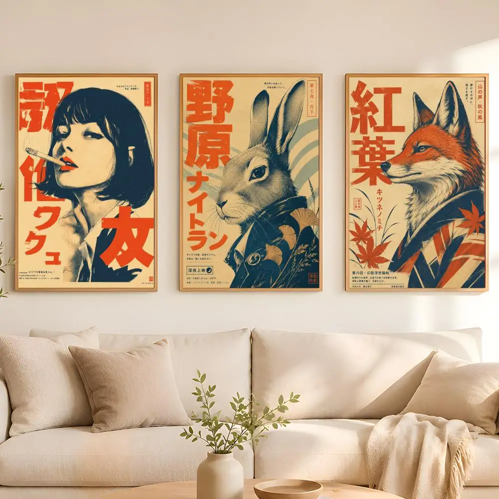 Vintage Japanese Animal Poster Stickers Painting Self-Adhesive Mural HD Wall Decals for Bedroom Living Room Home Decor Gift