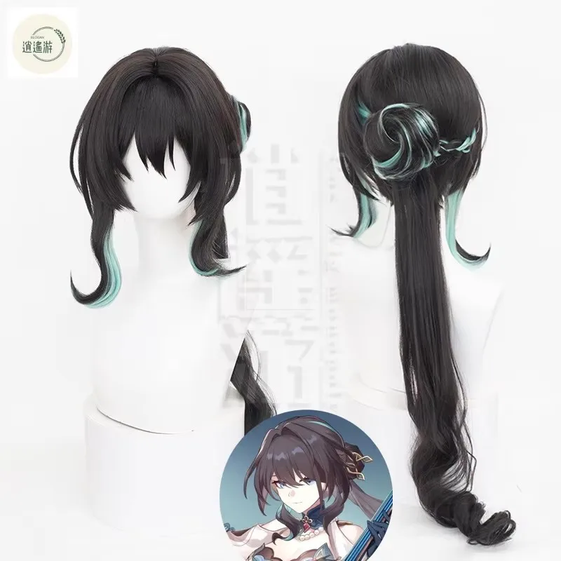 Peluca de Cosplay Ruan Mei juego Honkai: Star Rail 80CM de largo negro verde mezclado pelo sintético resistente al calor pelucas de Cosplay de Anime + gorro de peluca