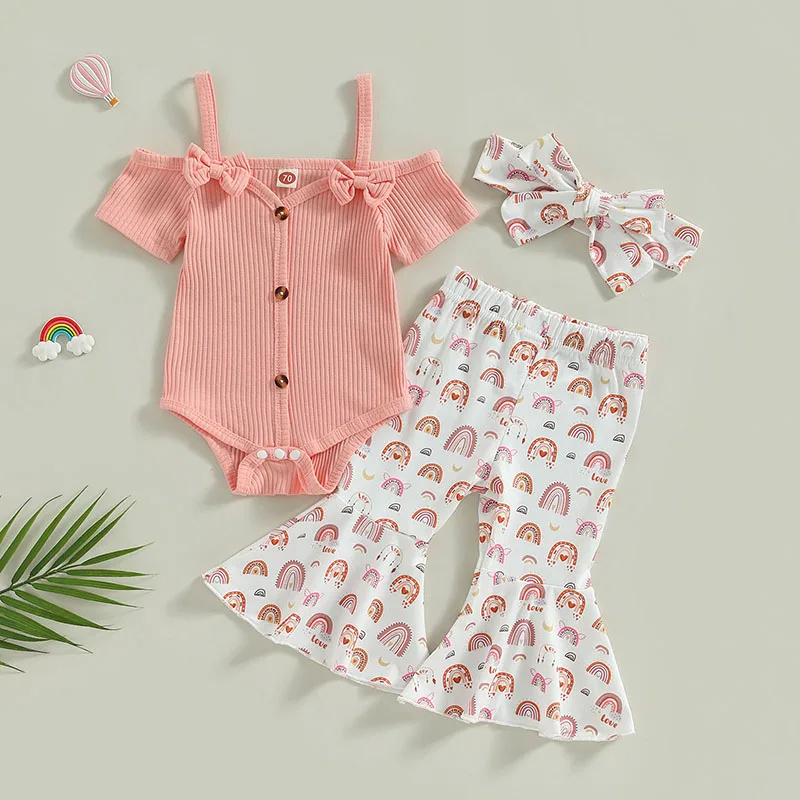 Newborn Infant Baby Girl Clothes Suits Solid Color Ribbed Off Shoulder Romper Flower Rainbow Print Flare Pants Headband 3Pcs Set