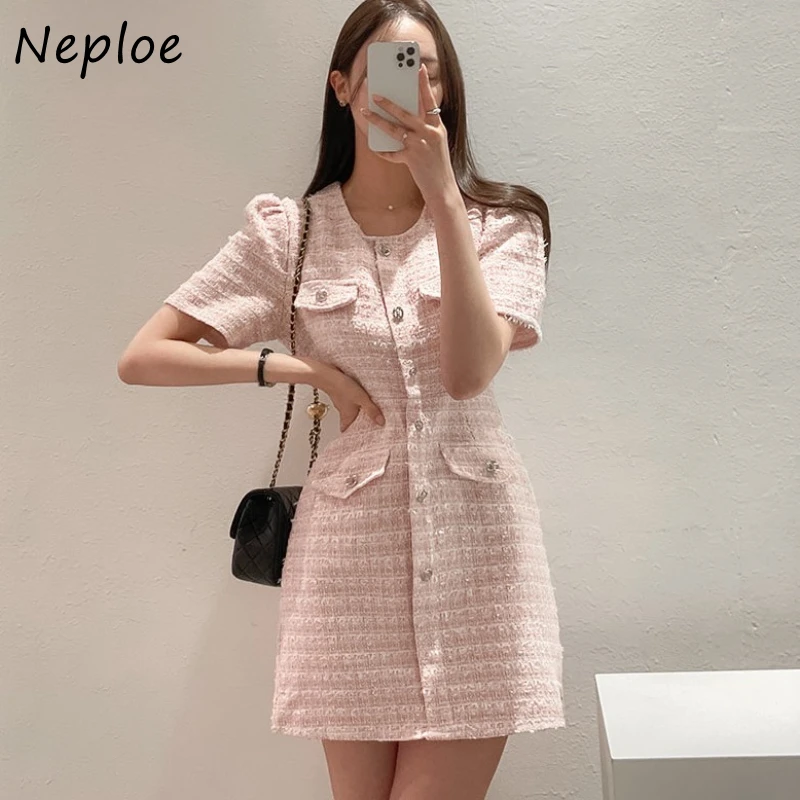 Neploe Elegante Vintage O-hals Jurk Voor Vrouwen Y 2K Slim Fit Single Breasted Tweed Jurken Y 2K Poff Mouw Vestidos Mujer