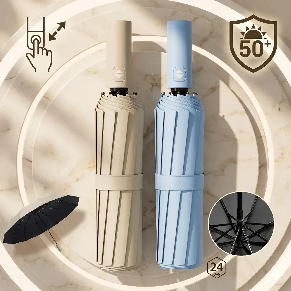 Top Quality Umbrella Men Rain Woman Windproof Large Bones Paraguas Sunny Anti-sun Three Folding Umbrella Outdoor Parapluie