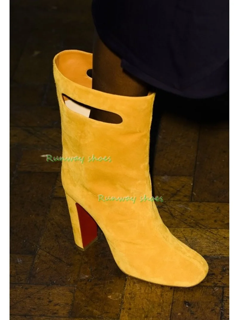 Red Patent Leather Cutout / Openwork Ankle Boots Round Head Chunky Block Heel Unique Design Manual Luxurious Women's Boots 205
