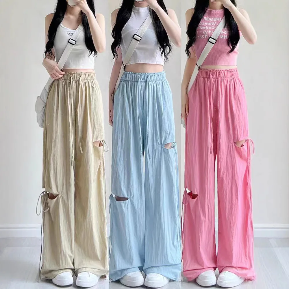 Summer Ice Silk Quick Dry Pants High Waisted Wide Leg Casual Trousers Ripped Hollow Out Lace Up Street Fashion Cargo Pants