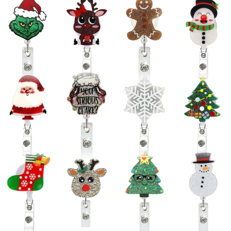 Hot Sales 1 Piece Christmas ID Card Holder Cute Snowflake Elk Tree Retractable Nurse Doctor Badge Reel Keychains Lanyard