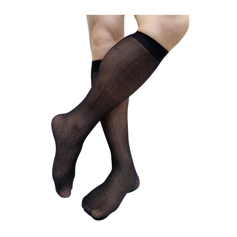 

Knee High Mens Formal Socks See Through Black Striped Dress Suit Sexy Stocking Lingerie Softy Breathable Business Hose Socks