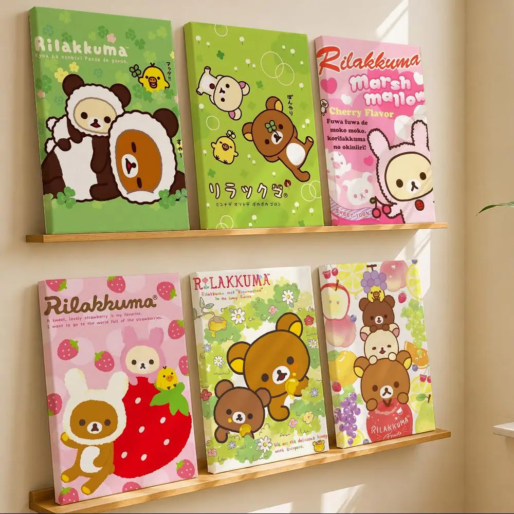 Kawaii Cartoon R-Rilakkuma Framed Wall Painting Canvas Art Poster with Solid Wood Frame for Living Room Home Decor
