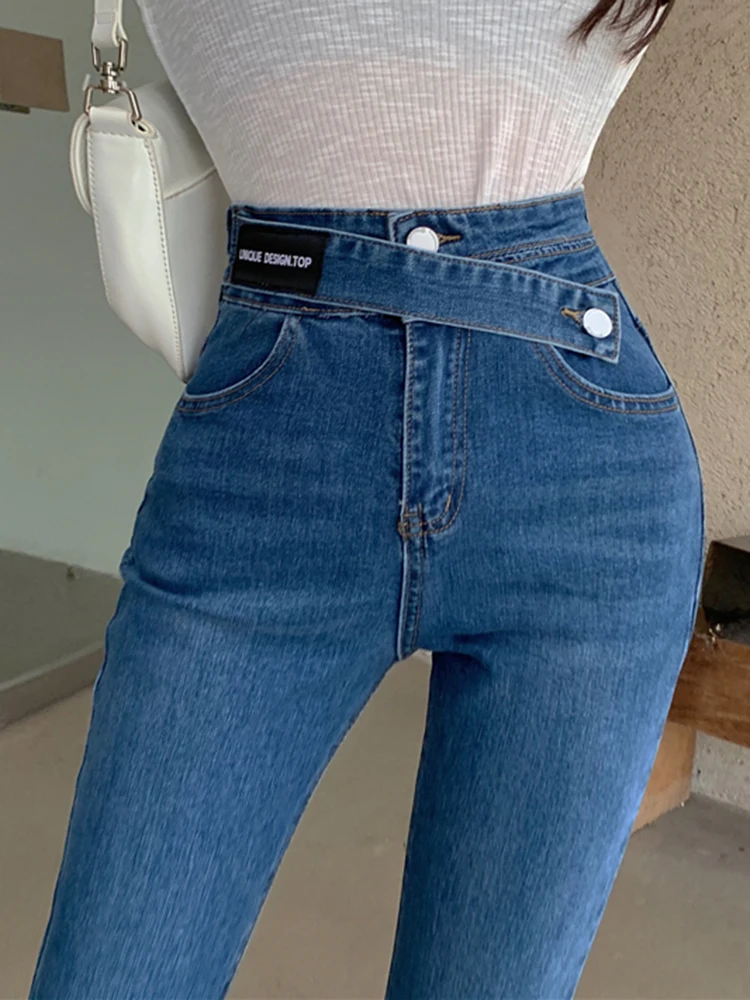 Calça jeans azul justa de cintura alta feminina, calça reta, casual, na moda, cintura irregular, stretch, moda coreana, Y2K, novo, 2024