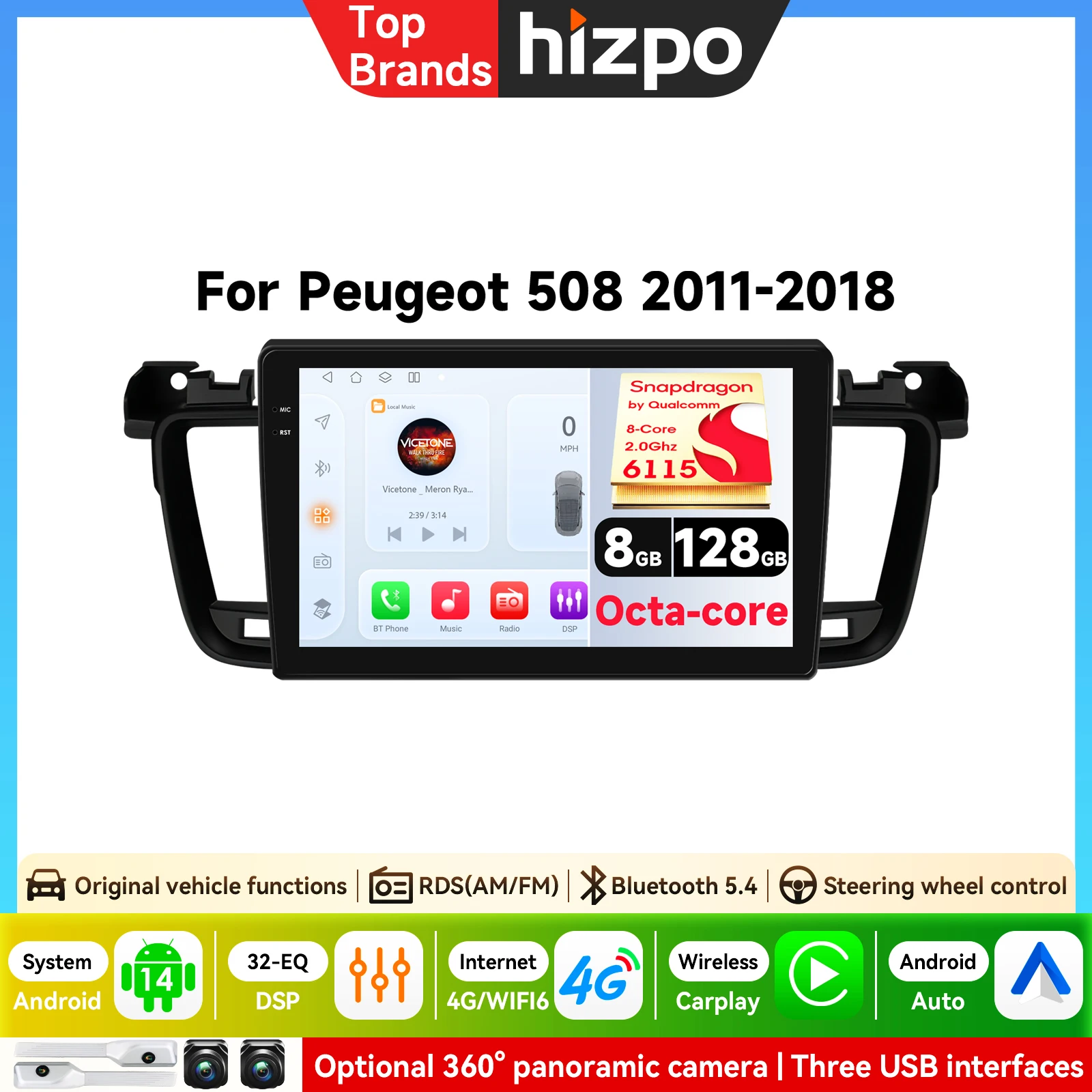 von Qualcomm 8-Kern Android Carplay für Peugeot 508 2011-2018 SW CC 2-Din-Autoradio Multimedia-Navigationsplayer Haupteinheit Intelligente Systeme IPS-Touchscreen Stereo-Videoplayer 2-Din-Autoradio