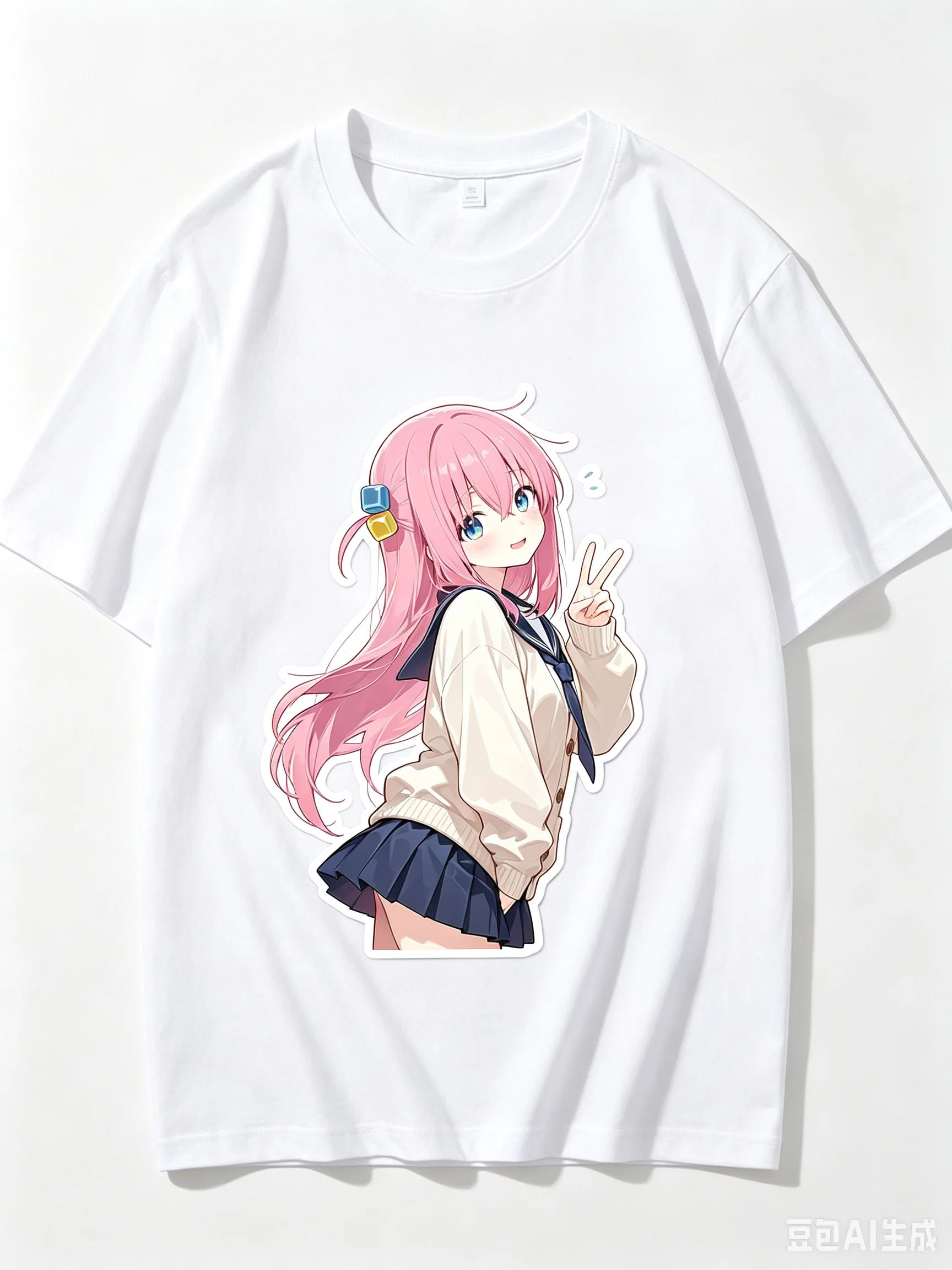 2026 New Unisex Crew Neck Casual Short Sleeve T-Shirt With Sailor Uniform Peace Sign Hitori Gotoh Cutout Anime Print T-Shirt