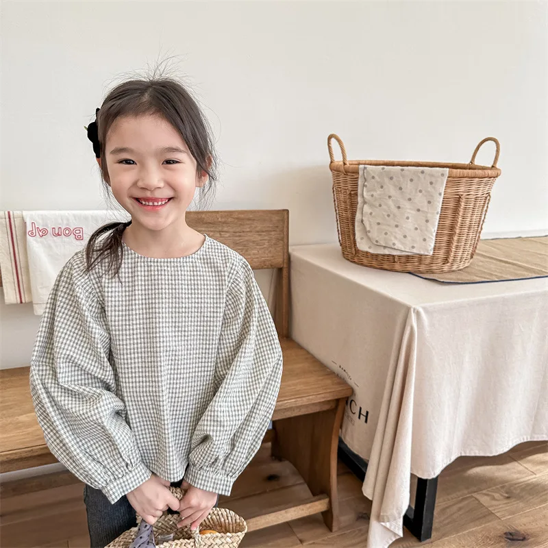 

2024 Spring New Girl Children Puff Sleeve Plaid T-shirts Cotton Kids Girls Bottoming Shirts Loose Baby Casual Tops Kids Clothes