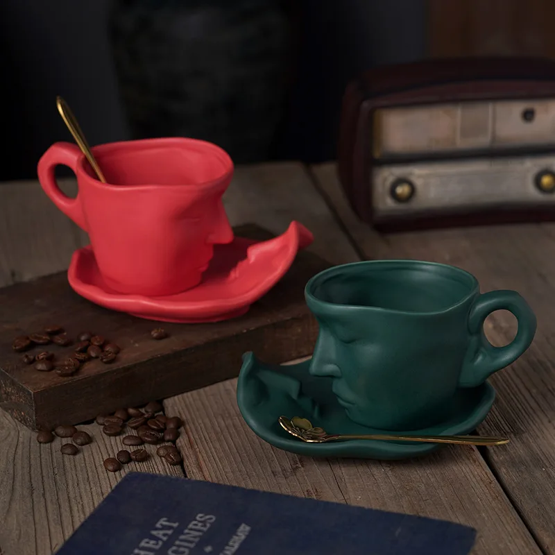 Matte Abstract Human Face Ceramic Coffee Cup Saucer With Spoon Mug Set Creative Birthday Gift Household Afternoon Tea Tableware