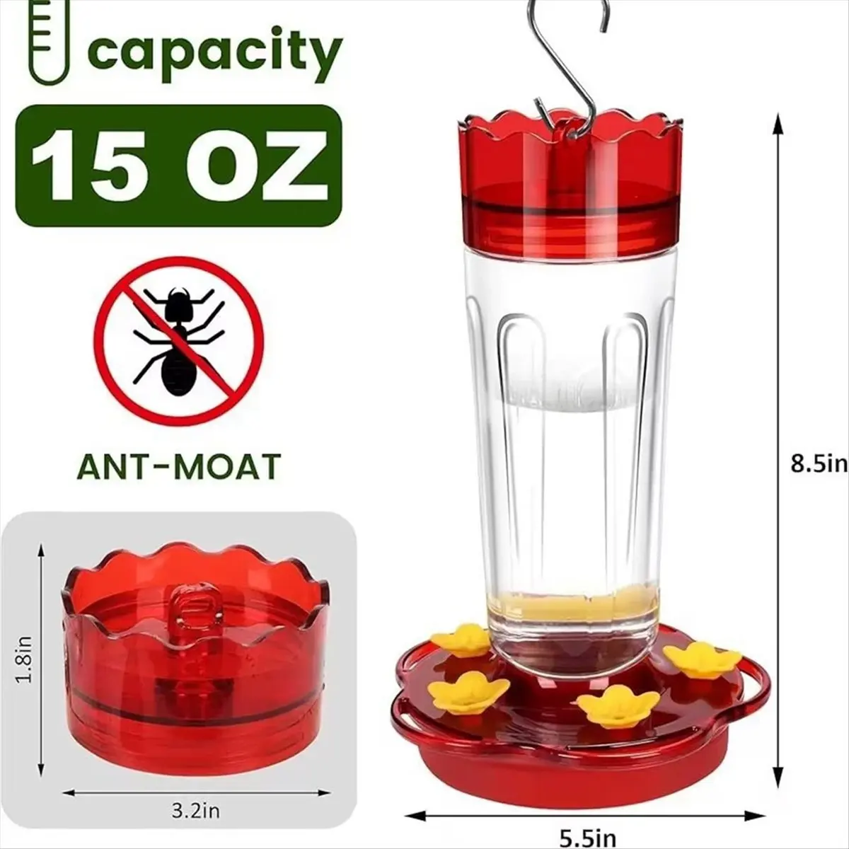 N14R Top Plastic Hummingbird Feeders for Outdoors 15 Ounces Red Hummingbird Feeder with 5 Feeding Ports Outside Garden Decor