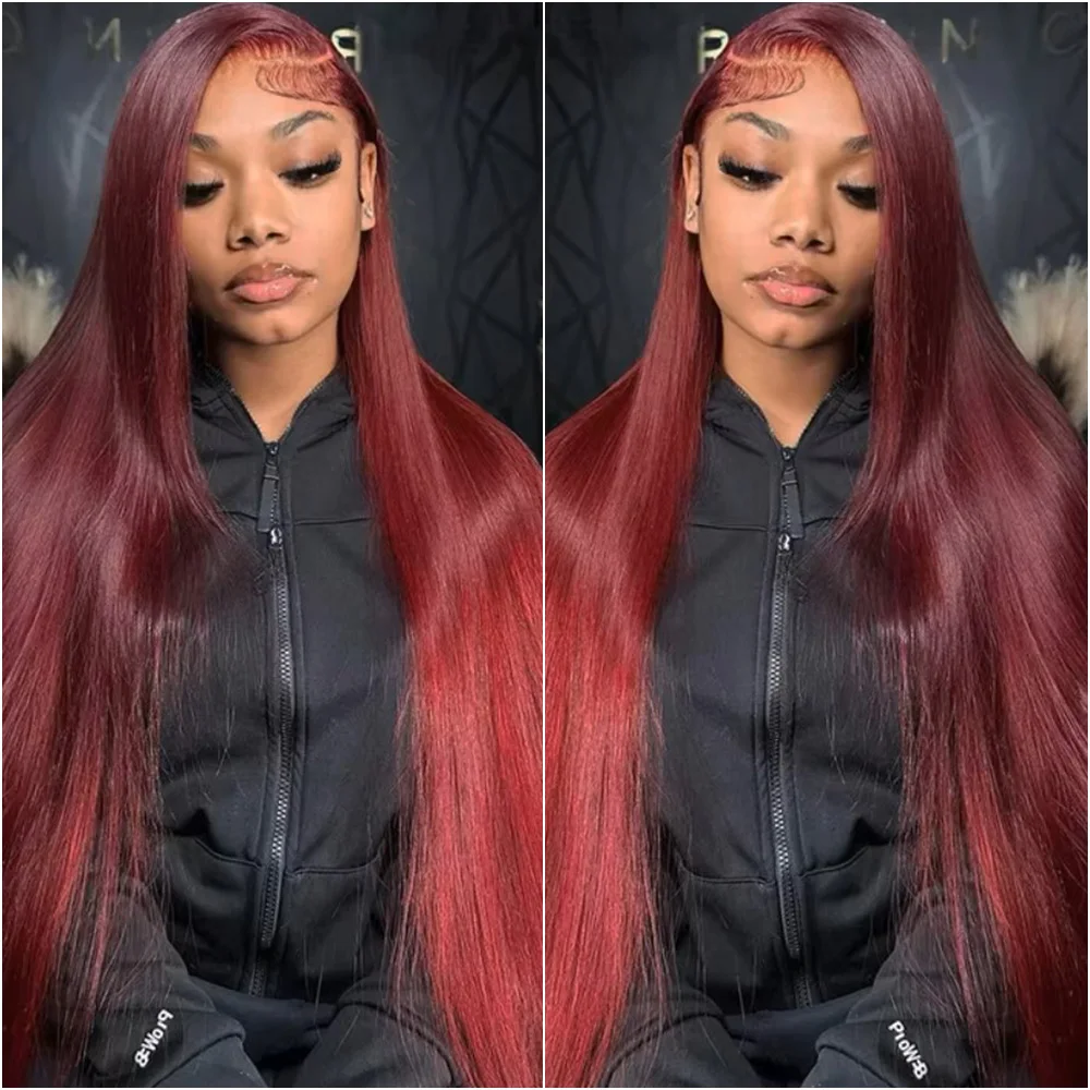 Peluca de cabello humano Frontal de encaje Borgoña 13x4 HD, peluca de cabello humano Frontal de encaje rojo liso 13x6, pelucas de cabello humano de color 99J, densidad 200