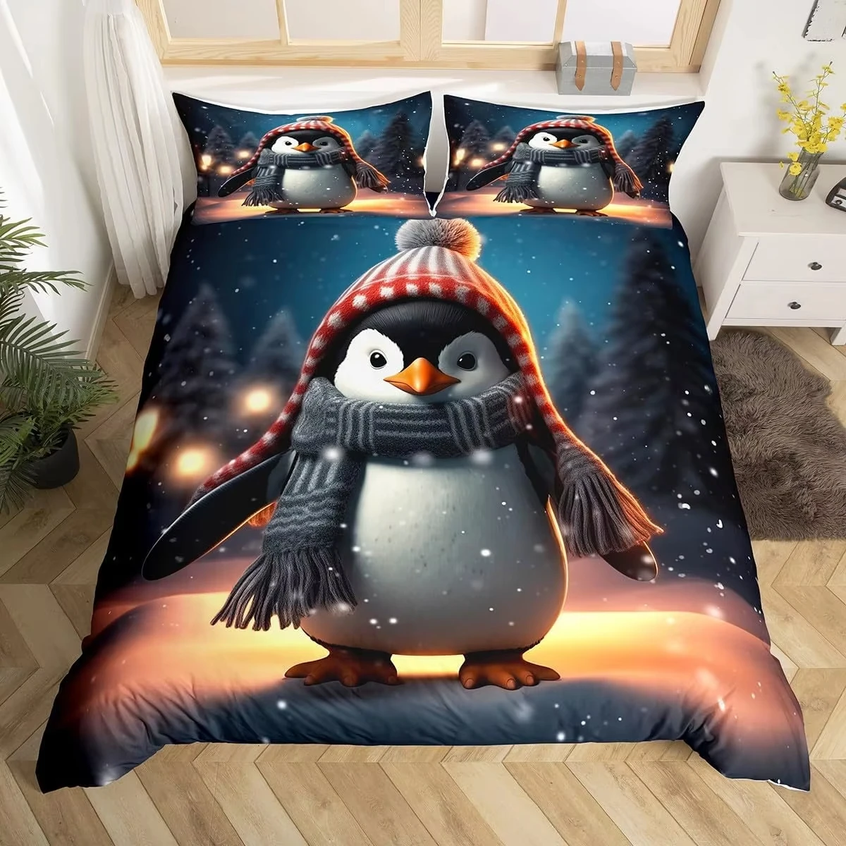 Cartoon Penguin Duvet Cover Full King for Girls Boys New Year Gift Christmas Theme Bedding Set Christmas Tree Comforter Cover