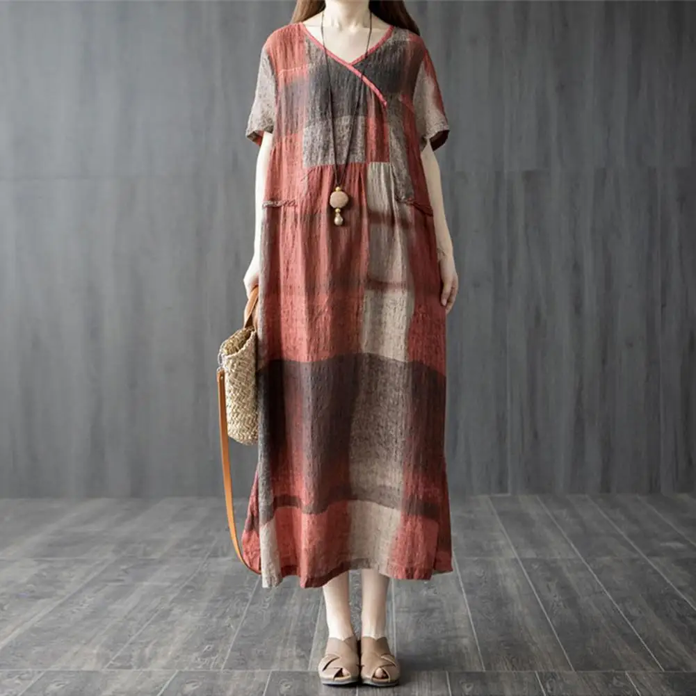 Women Summer Dress Thin Printed V-Neck Midi Dress Summer Short Sleeves Patchwork Long Dress Mid-calf Length Casual Dresses