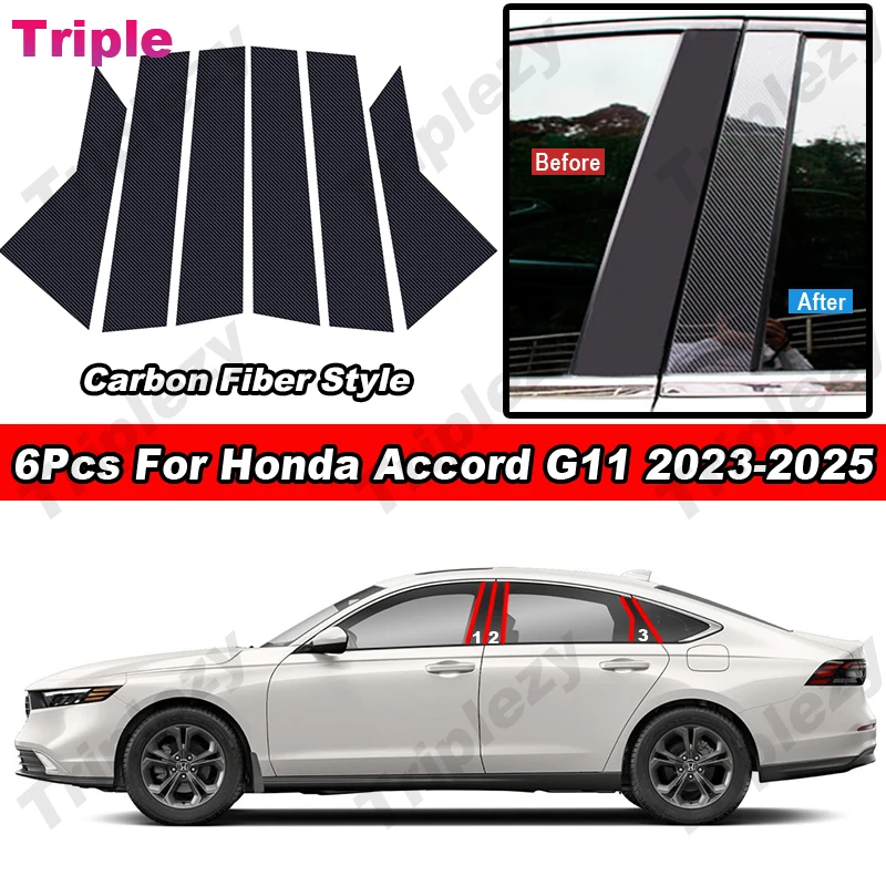 

6Pcs Glossy Piano Black/Carbon Fiber Style Car Window Door B C Pillar Post Cover Trim Stickers For Honda Accord G11 2023-2025