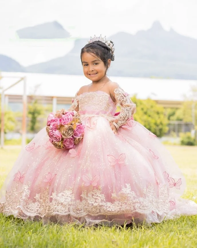 Rosa Mini Quince anera Kleider kleine Prinzessin Blumen mädchen Kleid Blumen applikation mit Bogen Hochzeits feier Kleider