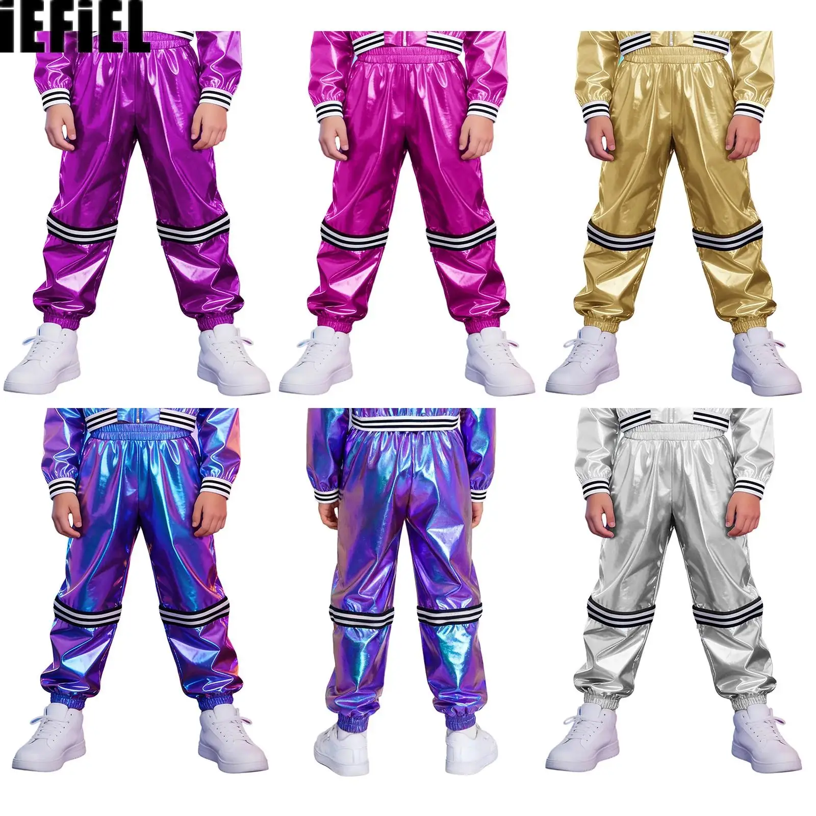 

Kids Boys Girls Metallic Dance Pants Elastic Waistband Zip-Off Stripe Pants with Pockets for Jazz Hip Hop Stage Performance