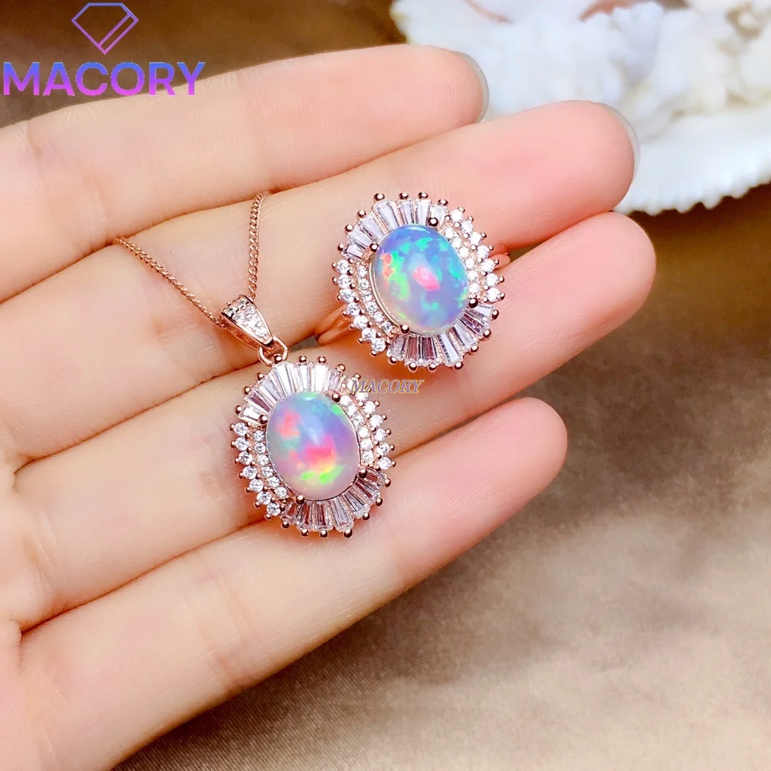 

Natural Opal Set Two Piece Ring Necklace Exquisite Jewelry Female Engagement Wedding New High Quality Jewelry