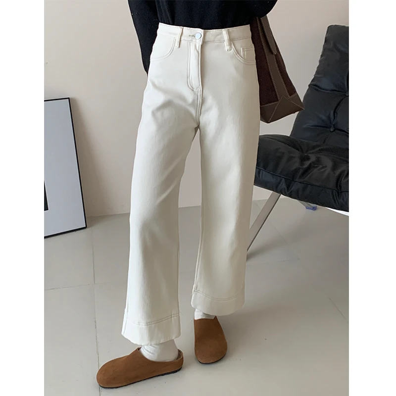 Winter Fleece Warm White Jeans Women Korean Fashion Casual VintageThick Stretchable Straight Denim Ankle-length Pants High Waist