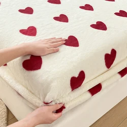 WOSTAR Winter thermal plush fitted sheet elastic mattress cover red heart printed warm coral fleece bed linens 180x200 king size