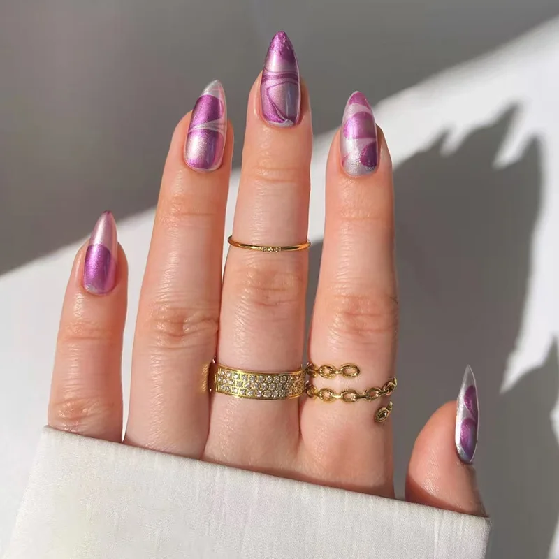

24pcs Press-On Nails - Abstract Silver & Purple Marble Medium Almond Modern Art Style False Nails With Wearing Tools