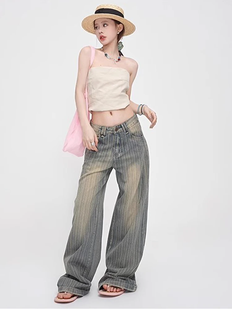 Y2K Low Waist Jeans Women American Retro Vintage Striped Slim Hanging Straight Wide Leg Floor Length Pants