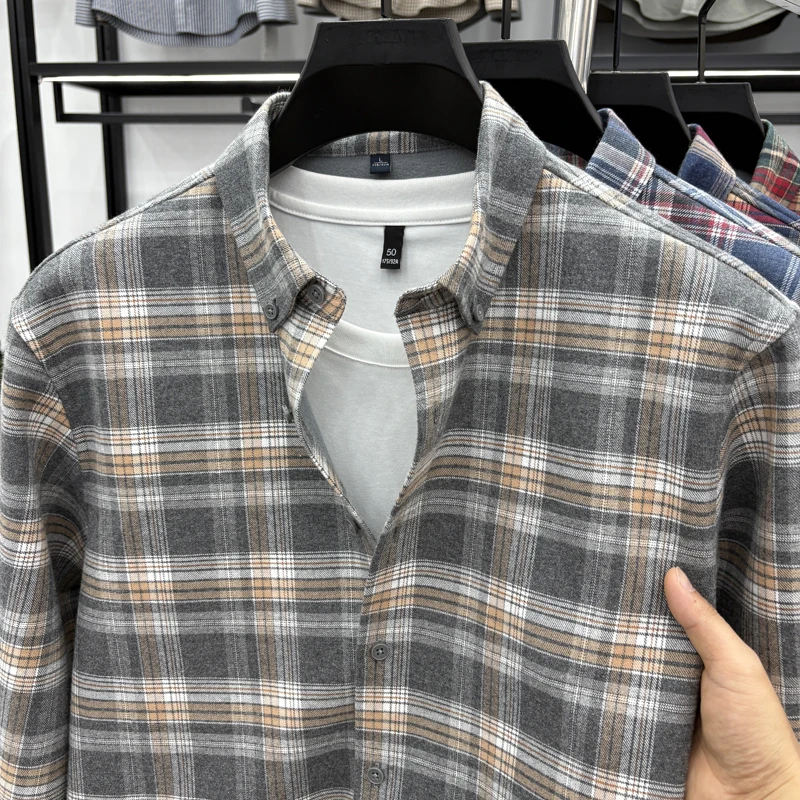 قميص شتوي دافئ بأكمام طويلة مع قميص منقوش من القطن الخالص ذو لون مخملي سميك مبطن بالصوف الذي يحتوي على صوف الأغنام #3