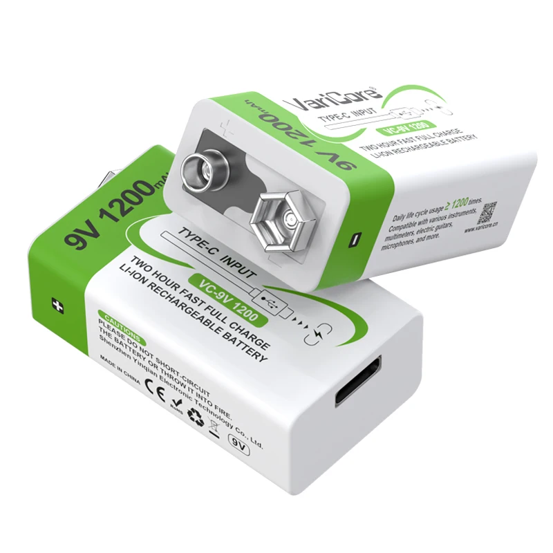 VariCore 1200mAh 9V 리튬 이온 배터리 6F22 9V 충전식 배터리 USB 마이크 멀티 미터 RC 장난감 온도 총