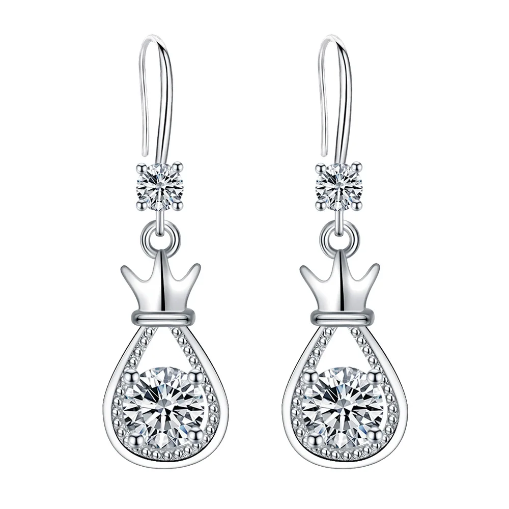 

925 Sterling Silver Earrings Crown Drops Zircons Earrings Ladies Fashion Minimalist Birthday Wedding Anniversary Jewelry Gift
