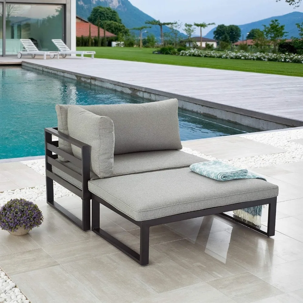 Outdoor Sectional Furniture Patio Conversation Steel Corner Sofa with Cushion, 2 Piece Set, Grey