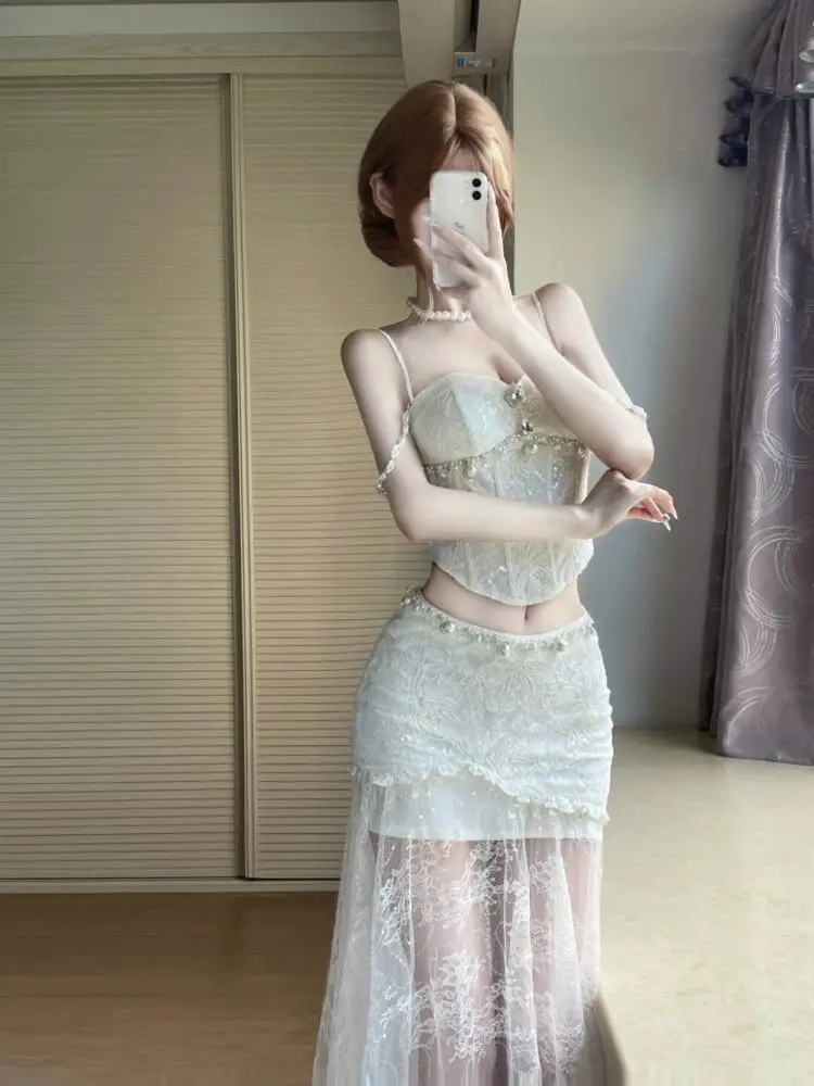 

Женский топ на бретелях, облегающая сетчатая юбка, новый летний женский комплект из двух предметов