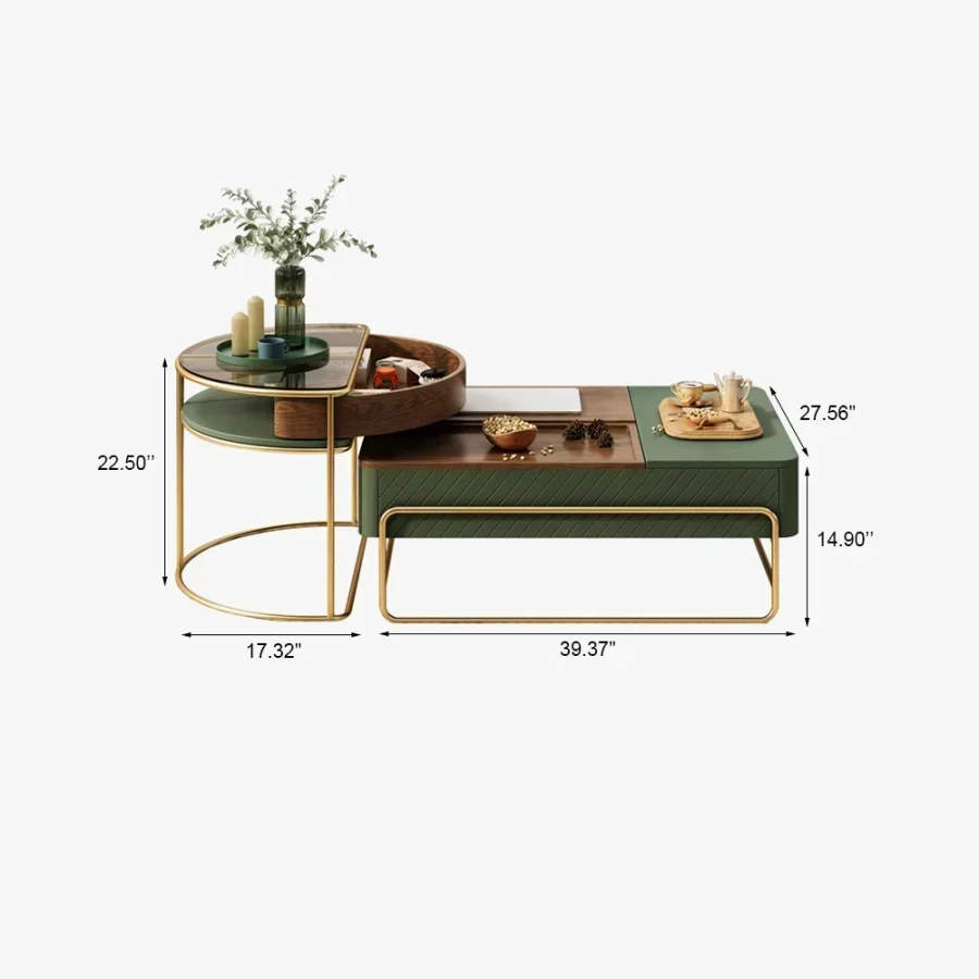 Lift-top Modern Nesting Coffee Table Set with Drawer, Tempered Glass Top Side Table, 39.37'', Green
