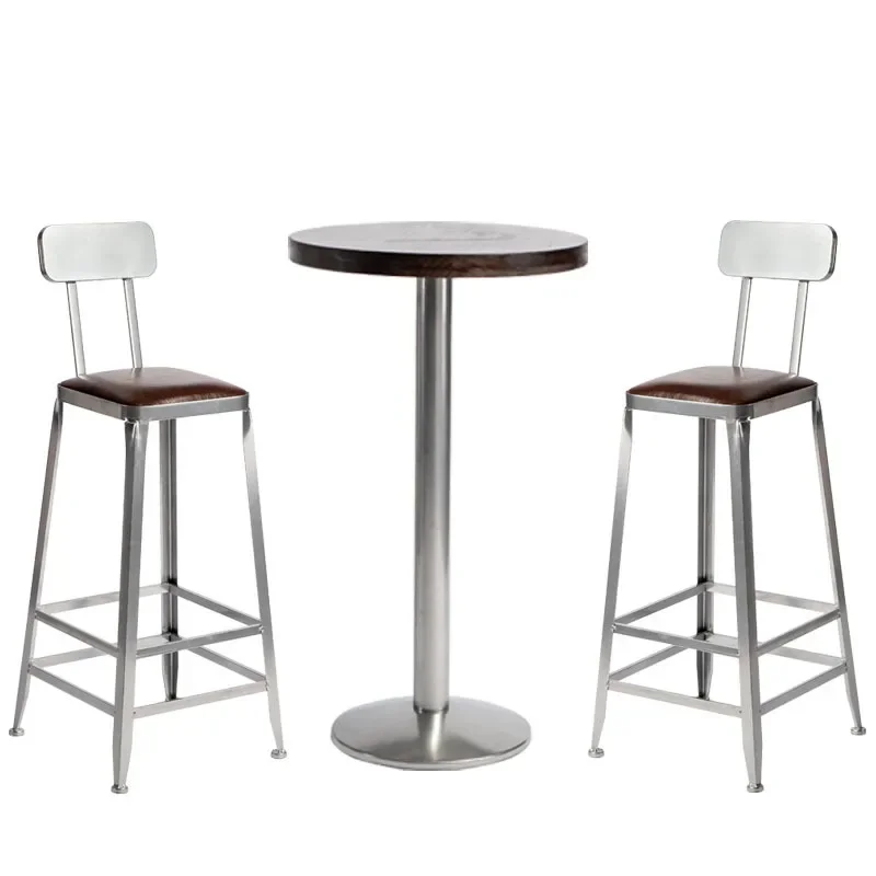 

Wrought iron solid wood tables and chairs simple industrial style bar reception round coffee bar table