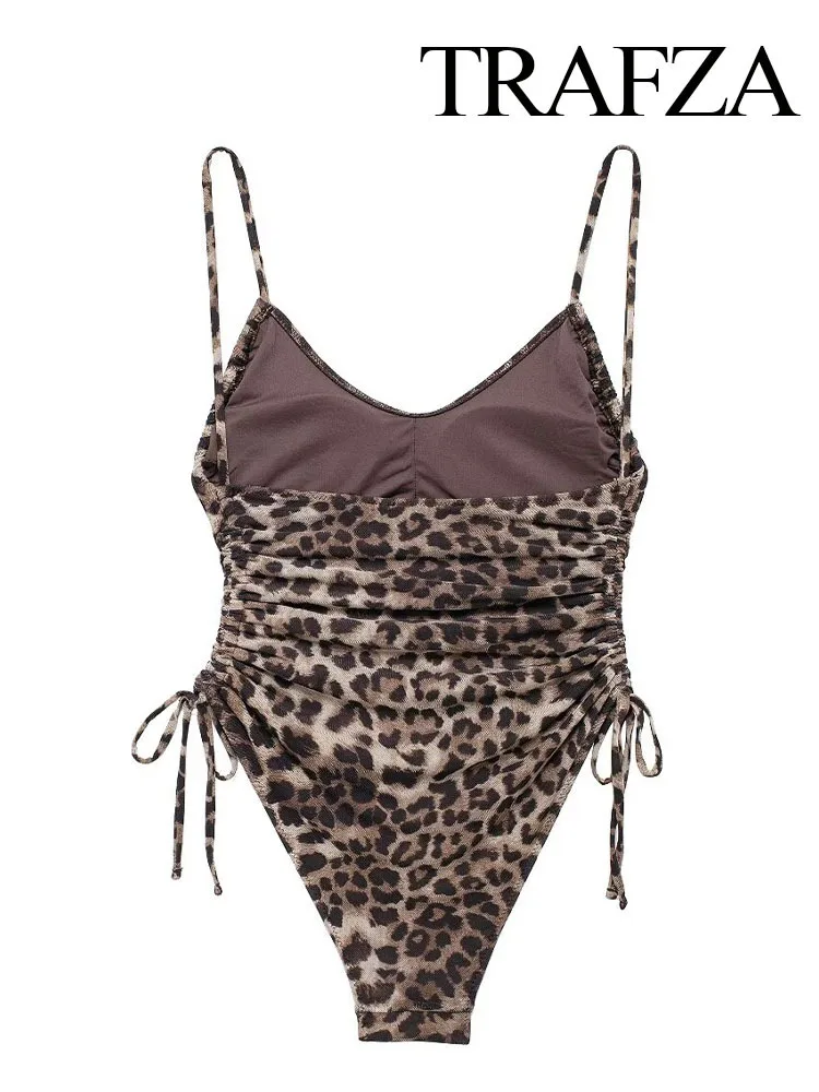 New Women Summer Fashion Animal Print V-Neck Swimsuit Sleeveless Backless Side Bow Lace-Up Decoration Beach Wear Jumpsuit