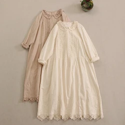 Spring New Japanese Sweet Mori Girl Embroidery Cotton Dress Women Kawaii Peter Pan Collar Long Sleeve Casual Loose Midi Dresses